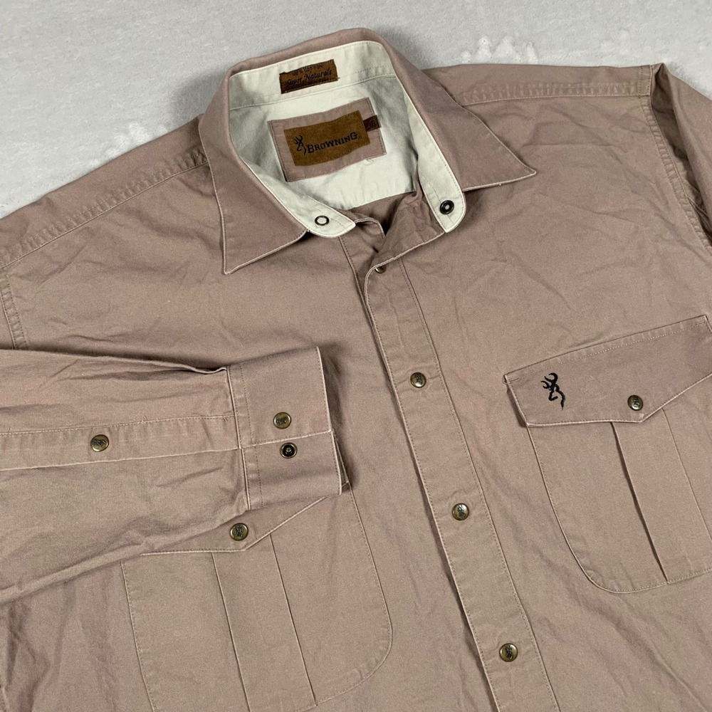 Browning Button Up Shirt Mens Large Tan Super Naturals Cotton Long Sleeve Logo